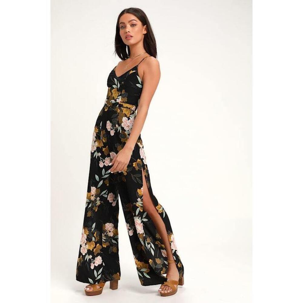 Lulus Beautiful Blooms Black Floral Print Wide-leg Jumpsuit - Size M
